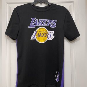 Black, purple NBA shirt and yellow Lakers logo